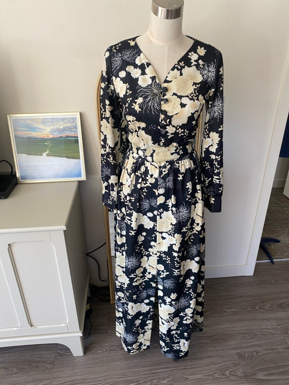 Vintage 1970s Paul Norton Dallas Black Floral Maxi Dress